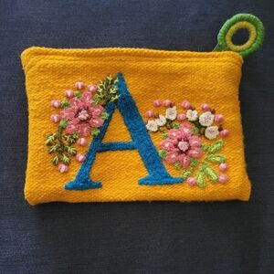 Jenny Krauss Monogram Pouch "A" Artisan made wool zippered pouch